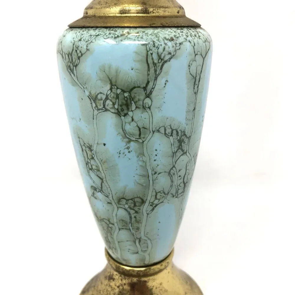 Delft Holland Brass & Marbled Aqua Hand Painted Bud Vase VTG MCM Euro Modern